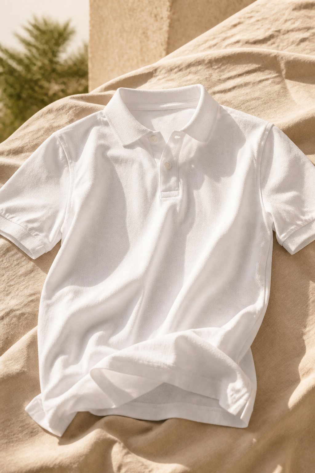 A plain white polo shirt on linen