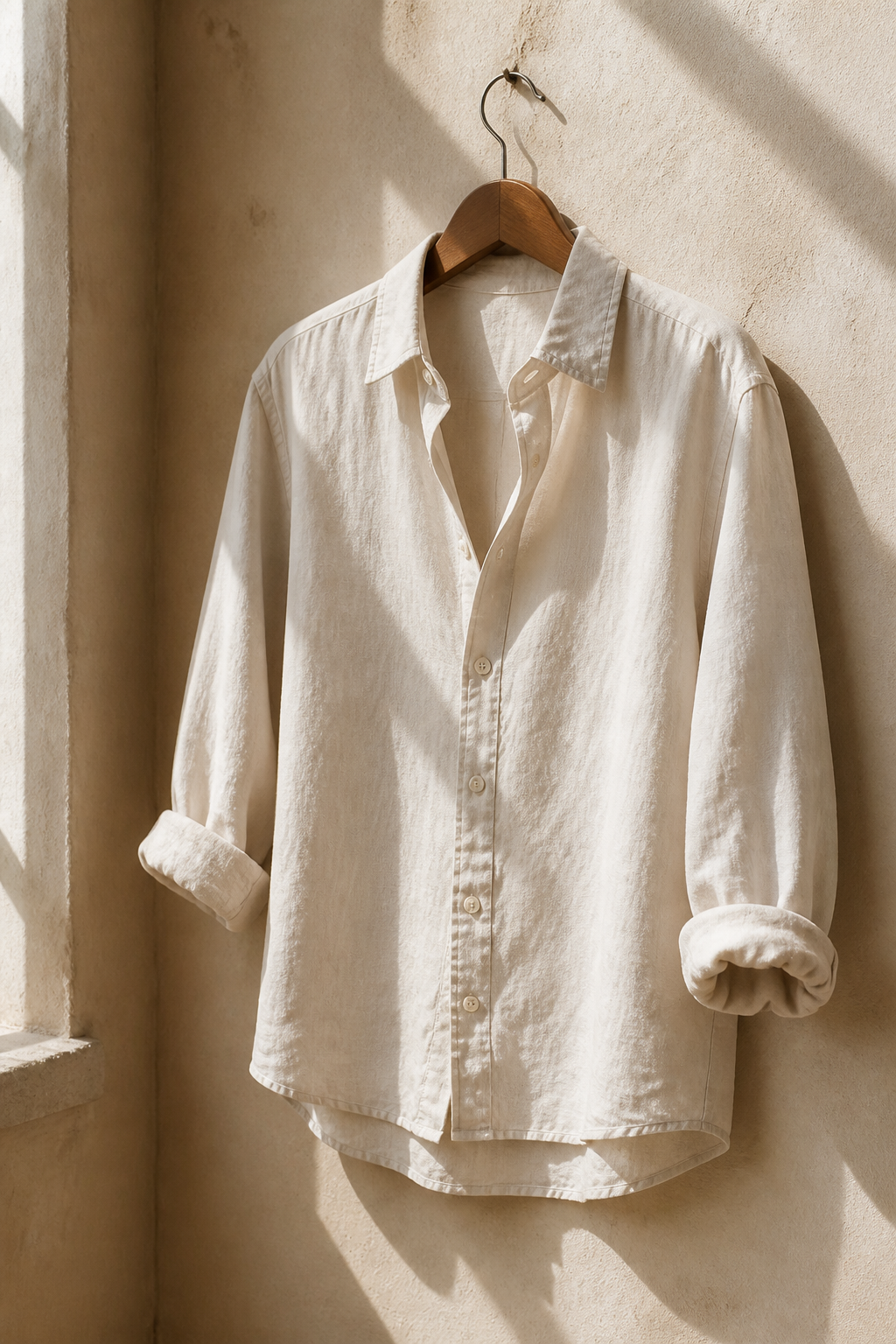 A plain linen shirt hanging in sunlight