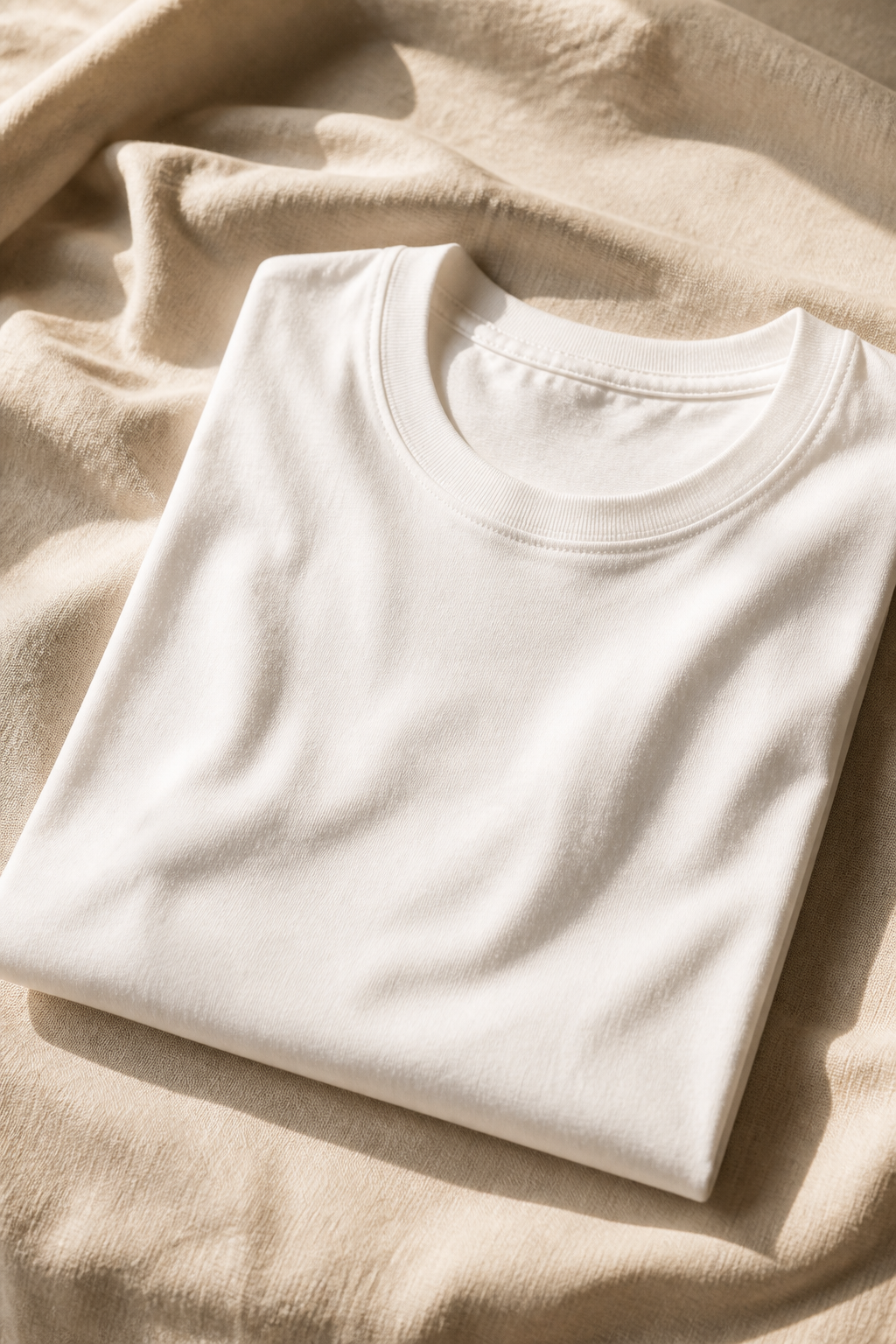 A plain white t-shirt folded on linen